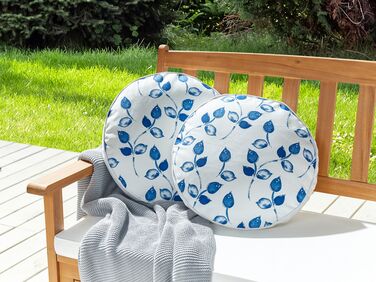Set of 2 Outdoor Cushions Leaf Motif ⌀ 40 cm White and Blue TORBORA
