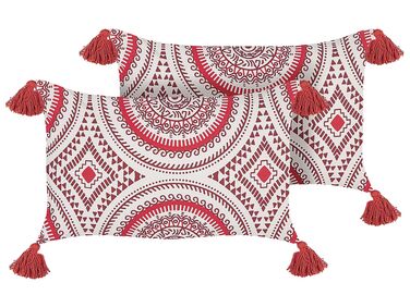 Set of 2 Cotton Cushions Oriental Pattern 30 x 50 cm Red and White ANTHEMIS