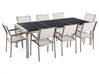 Conjunto de jardín mesa con tablero de piedra natural negro pulido 220 cm, 8 sillas blancas GROSSETO _378491