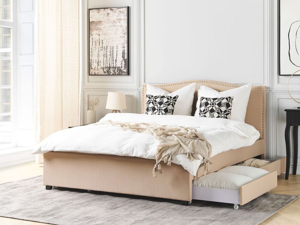 Polsterbett beige mit Bettkasten 160 x 200 cm MONTPELLIER Polsterbett beige mit Bettkasten 160 x 200 cm MONTPELLIER