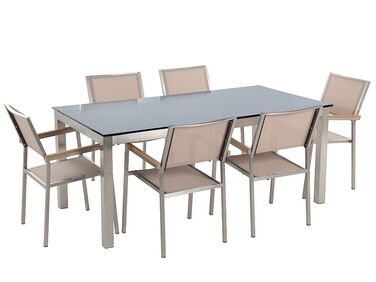 Set tavolo e sedie da giardino in vetro temperato nero e fibra tessile beige tavolo 180 con 6 sedie GROSSETO