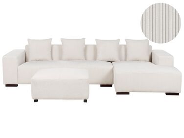 Canapé d'angle 4 places côté gauche en velours côtelé blanc cassé avec ottoman LUNGO