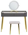 Konsolbord med 2 skuffer, LED spejl og skammel grå og guld SURIN_845533