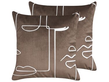 Set of 2 Velvet Cushions Face Motif 45 x 45 cm Brown PHILODENDRON