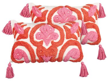 2 bawełniane poduszki dekoracyjne tuftowane z frędzlami 30 x 50 cm różowo-czerwone FRAKSINUS