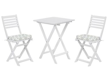Table et 2 chaises de jardin blanches avec coussins vert menthe FIJI