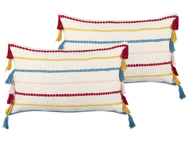 Conjunto de 2 almofadas decorativas em algodão multicolor com padrão de riscas e borlas 40 x 60 cm AGAVE