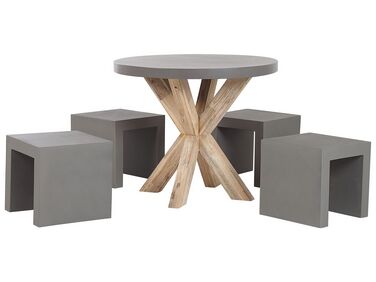 Set de jardin table ronde en fibre-ciment gris et bois et 4 tabourets OLBIA/TARANTO