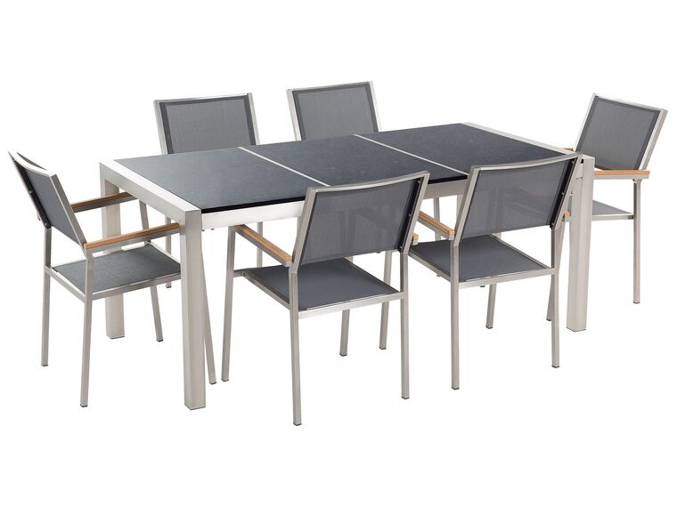 Hatszemélyes fekete gránit osztott asztallapú étkezőasztal szürke textilén székekkel GROSSETO_395507