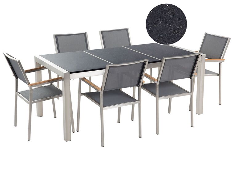 Conjunto de mesa com tampo triplo granito polido preto 180 x 90 cm e 6 cadeiras cinzentas GROSSETO_395507