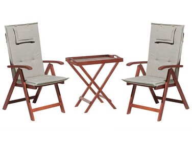 Set de terrasse table et 2 chaises en bois foncé coussins gris beige TOSCANA