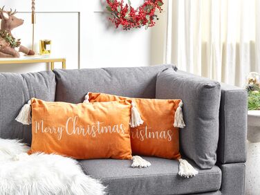Set of 2 Velvet Cushions Christmas Motif with Tassels 30 x 50 cm Orange LITHOPS