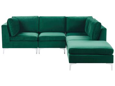 Canapé angle modulable côté gauche en velours vert 4 places avec pouf EVJA
