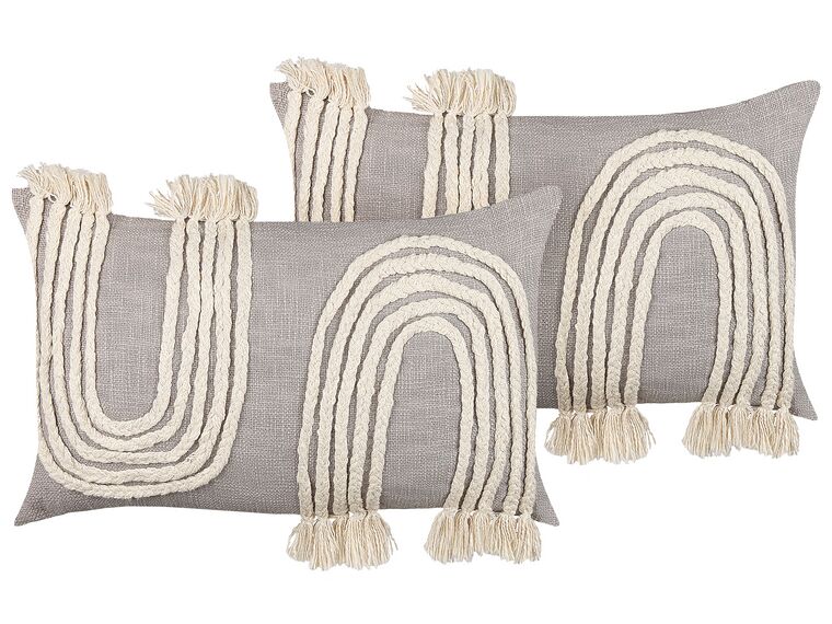 2 bawełniane poduszki dekoracyjne z frędzlami 35 x 55 cm szaro-beżowe OCIMUM_839033