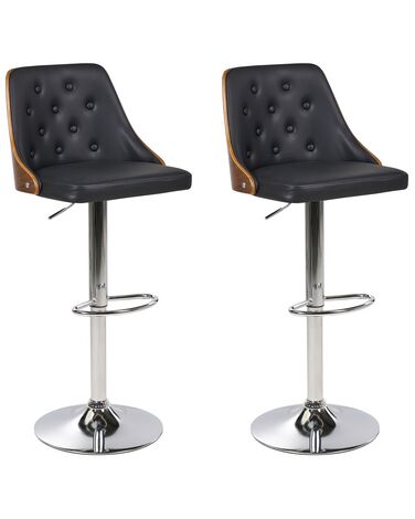 Conjunto de 2 sillas de bar de piel sintética negro/madera oscura/plateado VANCOUVER