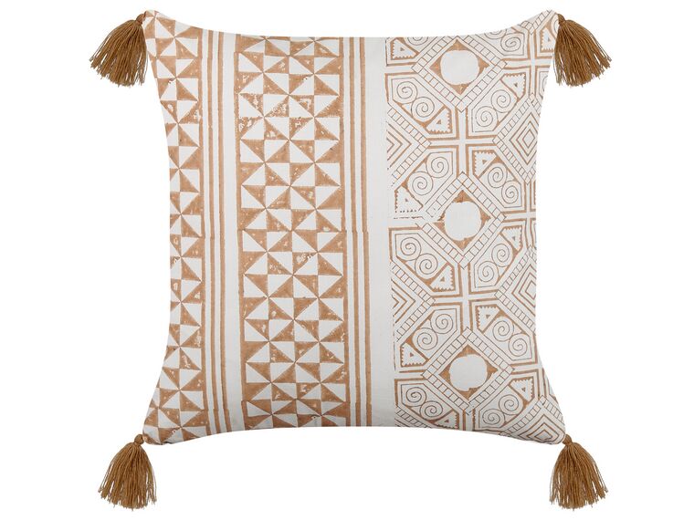 Cotton Cushion Geometric Pattern with Tassels 45 x 45 cm Light Brown and White  MALUS_838581