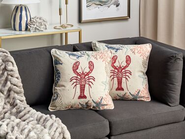 Set of 2 Linen Cushions Lobster Motif 45 x 45 cm Beige KELP