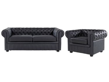 Soffgrupp 3-sits soffa + fåtölj läder svart CHESTERFIELD