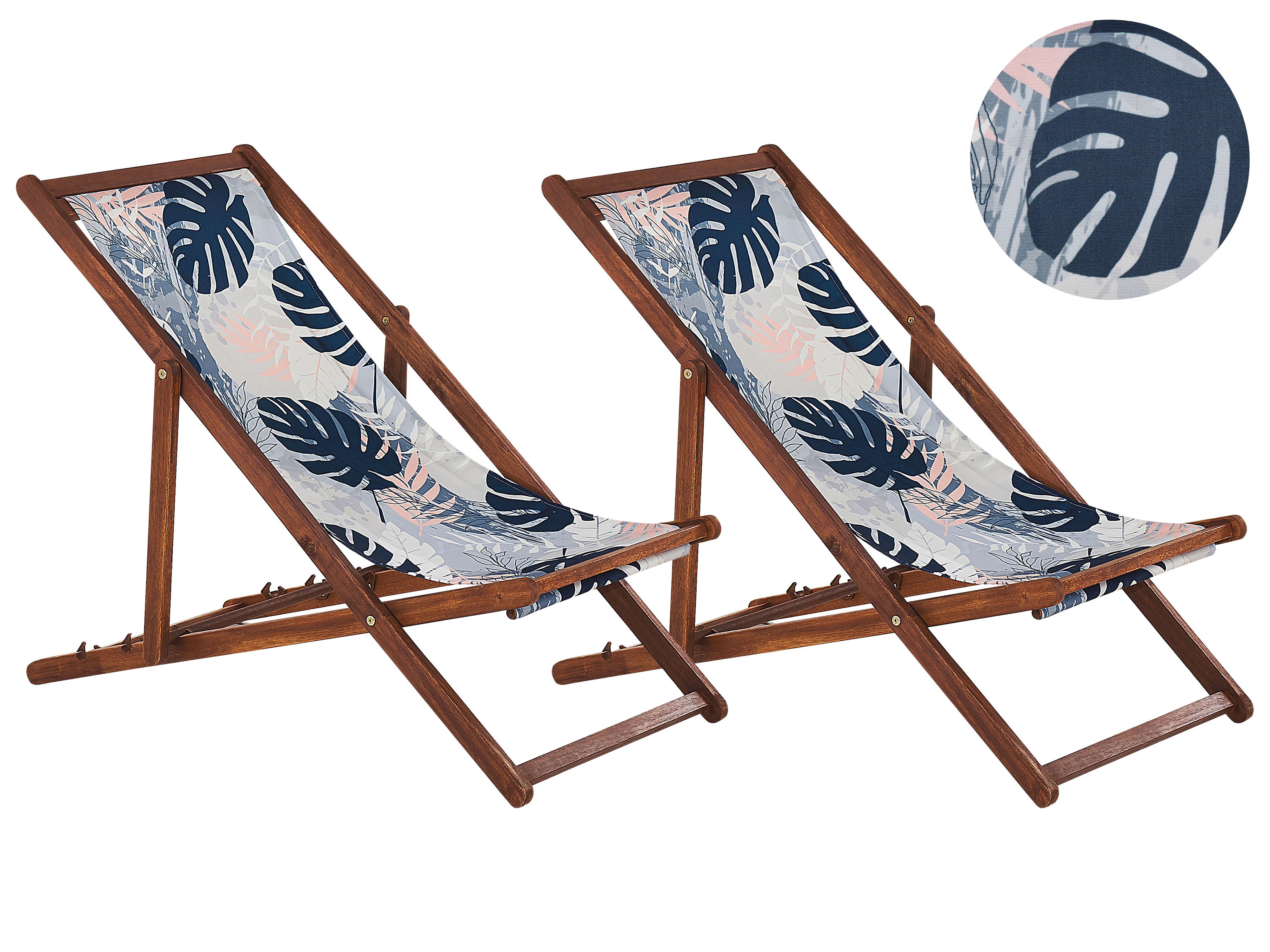 Ligstoel set van 2 acaciahout stof blauw/palm ANZIO | Gratis Levering
