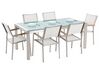 Hatszemélyes étkezőasztal repedezett osztott üveglappal és fehér textilén székekkel GROSSETO_725004