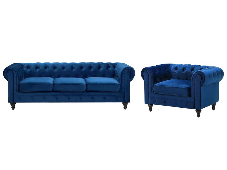 Ensemble canapé et fauteuil en velours bleu cobalt 4 places CHESTERFIELD_726098