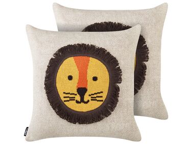 Set of 2 Cotton Kids Cushions Lion Motif 45 x 45 cm Beige SARANGAR