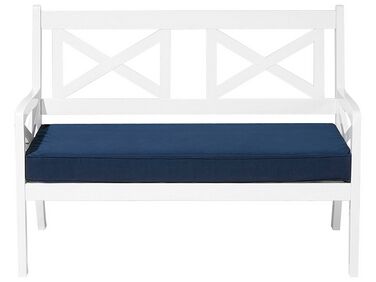 Ławka ogrodowa 120 cm drewniana biała z poduszką niebieską BALTIC