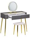Konsolbord med 2 skuffer, LED spejl og skammel grå og guld SURIN_845532