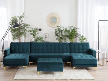5-seters sofa med sovefunksjon + fotskammel fløyel blågrønn ABERDEEN