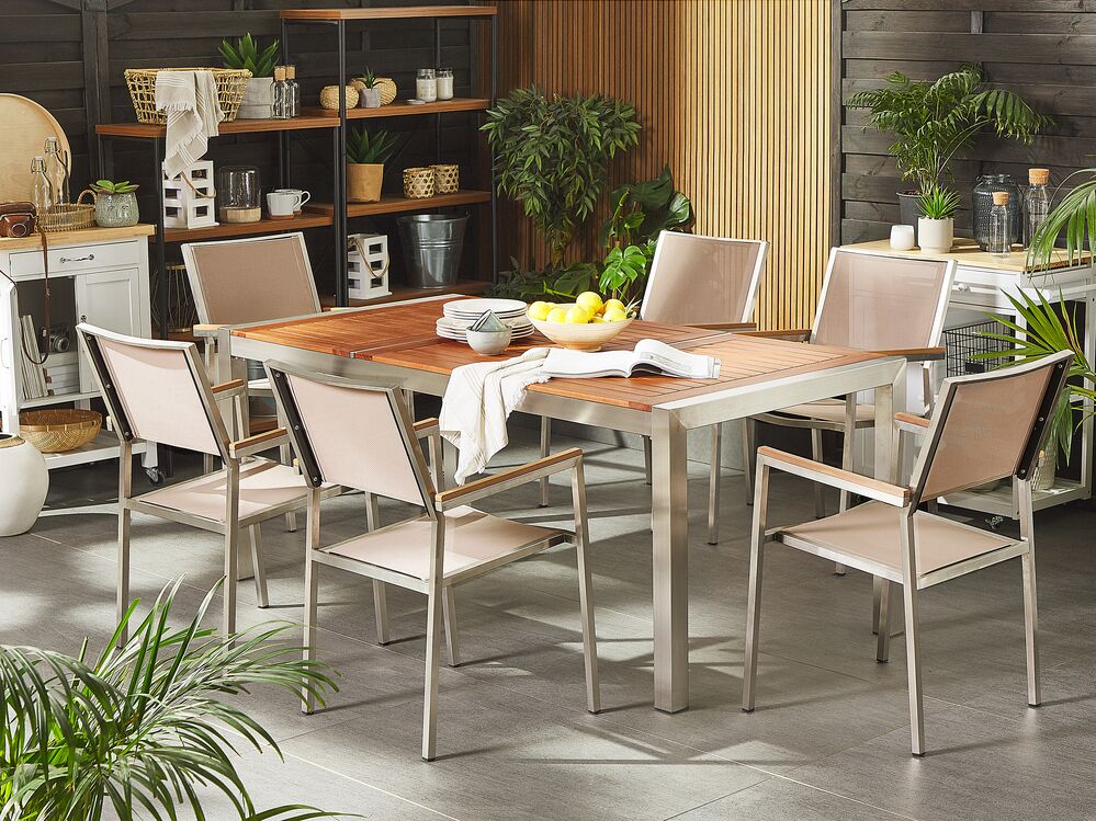6 Seater Garden Dining Set Eucalyptus Wood Top with Beige Chairs