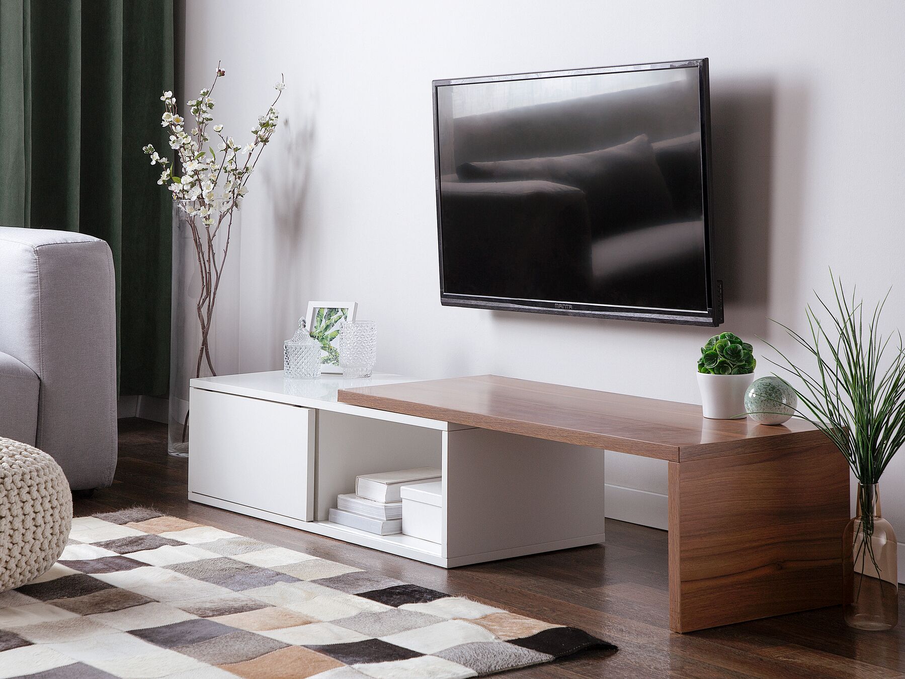 MODERN TV STAND Media Unit MDF Shelves Sliding Top White and Wood