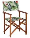 Conjunto de 2 cadeiras de jardim madeira escura e 2 lonas creme e padrão tucano CINE_819190