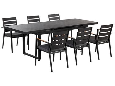 Zestaw ogrodowy stół rozkładany i 6 krzeseł czarny z poduszkami szarymi VALCANETTO/TAVIANO