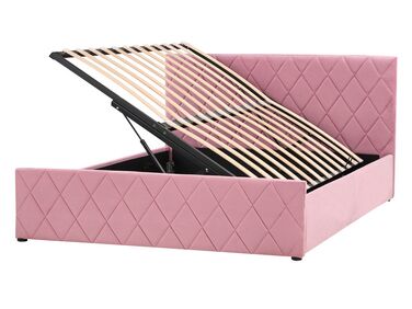 Zamatová posteľ s úložným priestorom 140 x 200 cm ružová ROCHEFORT