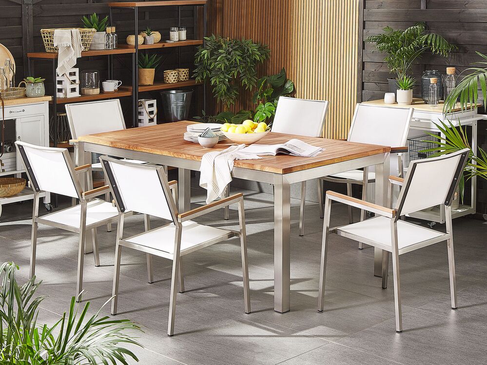 Gartenmobel Set Teakholz 180 Cm 6 Sitzer Textilbespannung Weiss Grosseto Beliani At Gartenmöbel Set Weiß