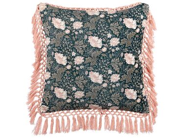 Velvet Cushion Flower Pattern with Tassels 45 x 45 cm Blue and Pink PARROTIA