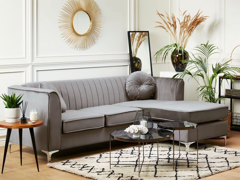 Left Hand Velvet Corner Sofa Grey TIMRA Beliani.co.uk