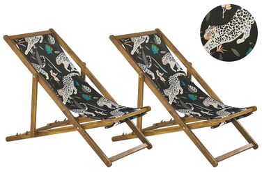 Set of 2 Acacia Folding Deck Chairs and 2 Replacement Fabrics Light Wood with Off-White / Animal Pattern ANZIO