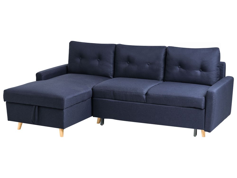 Ecksofa mit Schlaffunktion Polsterbezug marineblau rechtsseitig FLAKK