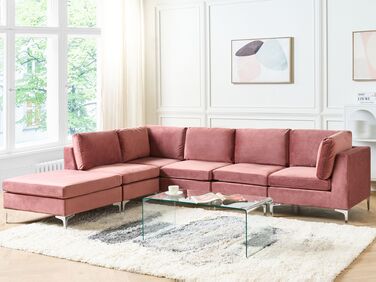 Right Hand 5 Seater Modular Velvet Corner Sofa with Ottoman Pink EVJA