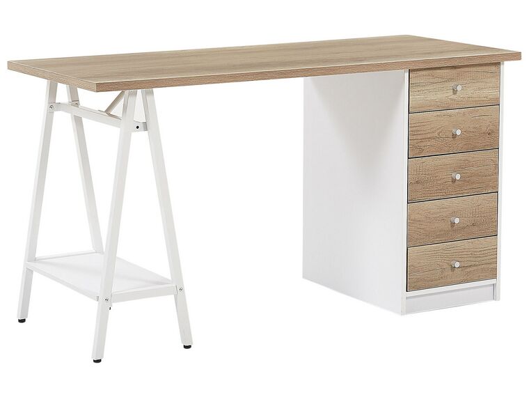 Schreibtisch heller Holzfarbton / weiß 140 x 60 cm 5 Schubladen HEBER_772878