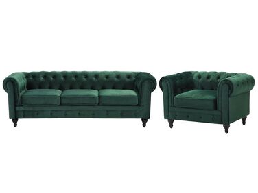 Set di divano e poltrona vintage in tessuto verde CHESTERFIELD