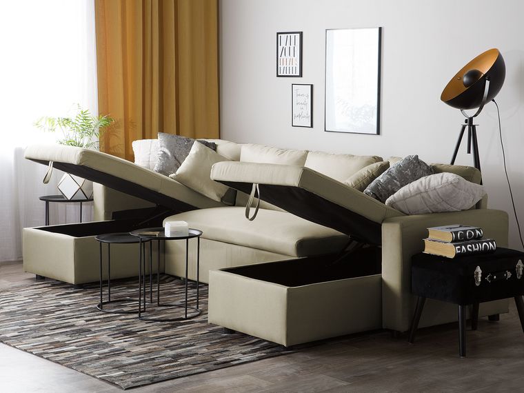 Fabric Corner Sofa Bed with Storage Beige SOMMEN Beliani.co.uk