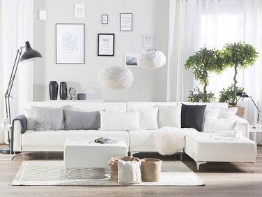 Left Hand Faux Leather Modular Sofa with Ottoman White ABERDEEN