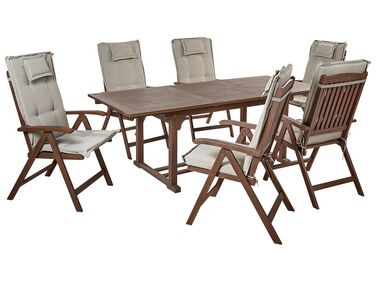 Zestaw ogrodowy drewno akacjowe stół i 6 krzeseł z poduszkami beżowoszarymi AMANTEA