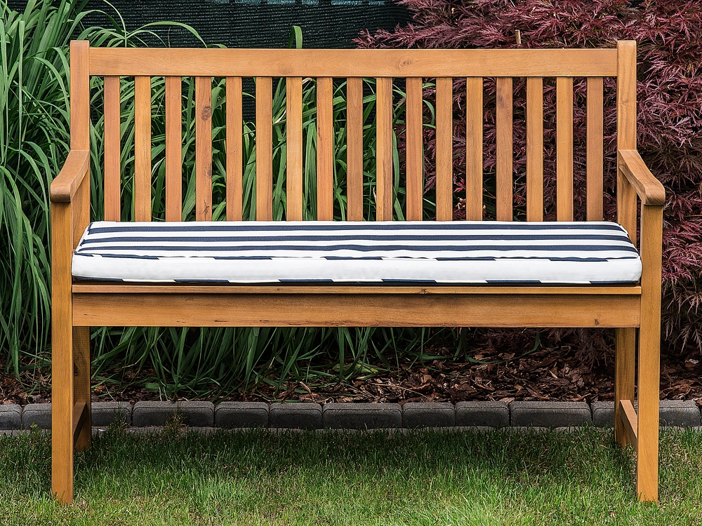 Panca da giardino in legno di acacia con cuscino blu a righe 120 cm VIVARA  