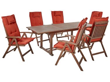 6 Seater Acacia Wood Garden Dining Set with Red Cushions AMANTEA