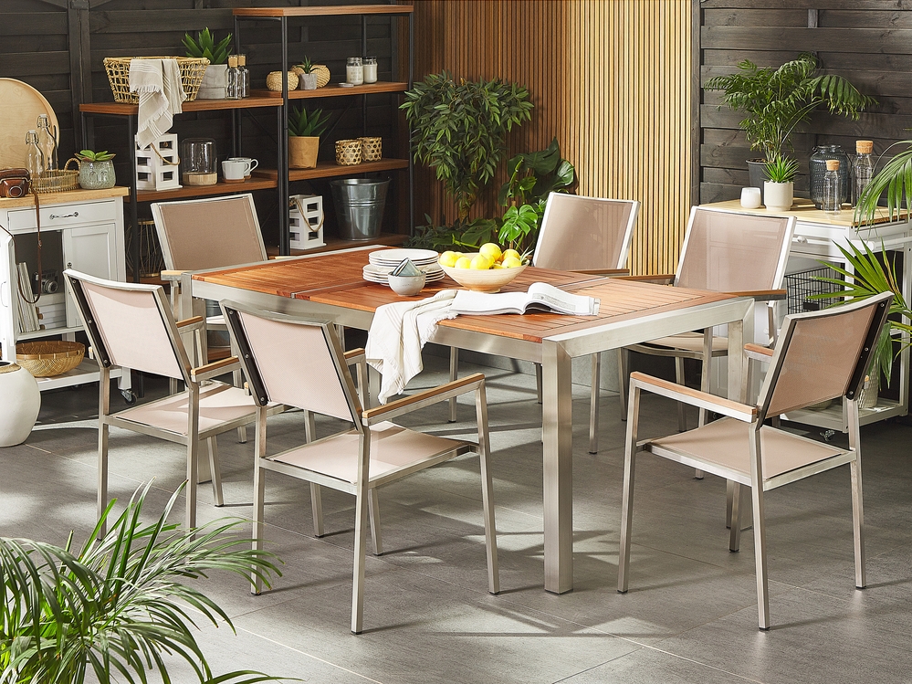 Set di tavolo e sedie da giardino in acciaio eucalipto e fibra tessile  beige GROSSETO 