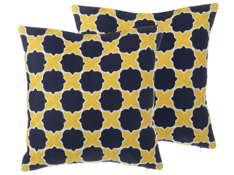 Set of 2 Cotton Cushions Quatrefoil Pattern 45 x 45 cm Blue and Yellow MUSCARI_769144