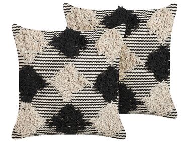 Set of 2 Tufted Cotton Cushions Geometric Pattern 50 x 50 cm Beige and Black BHUSAWAL